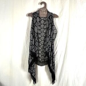 Lavello Womens Black White Chiffon Convertible Fringe Vest Whimsical Sheer Layer